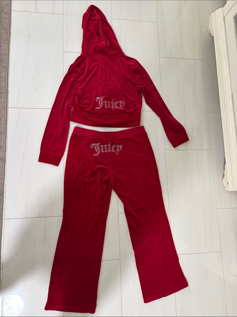 Juicy Couture Women’s Red Velour Hoodie & Pants Jogger set